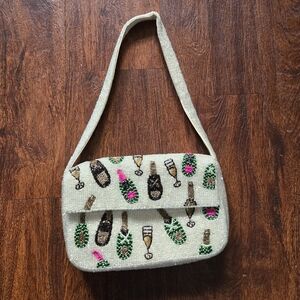 Beaded Champagne Bottle Shoulder Bag in Cream